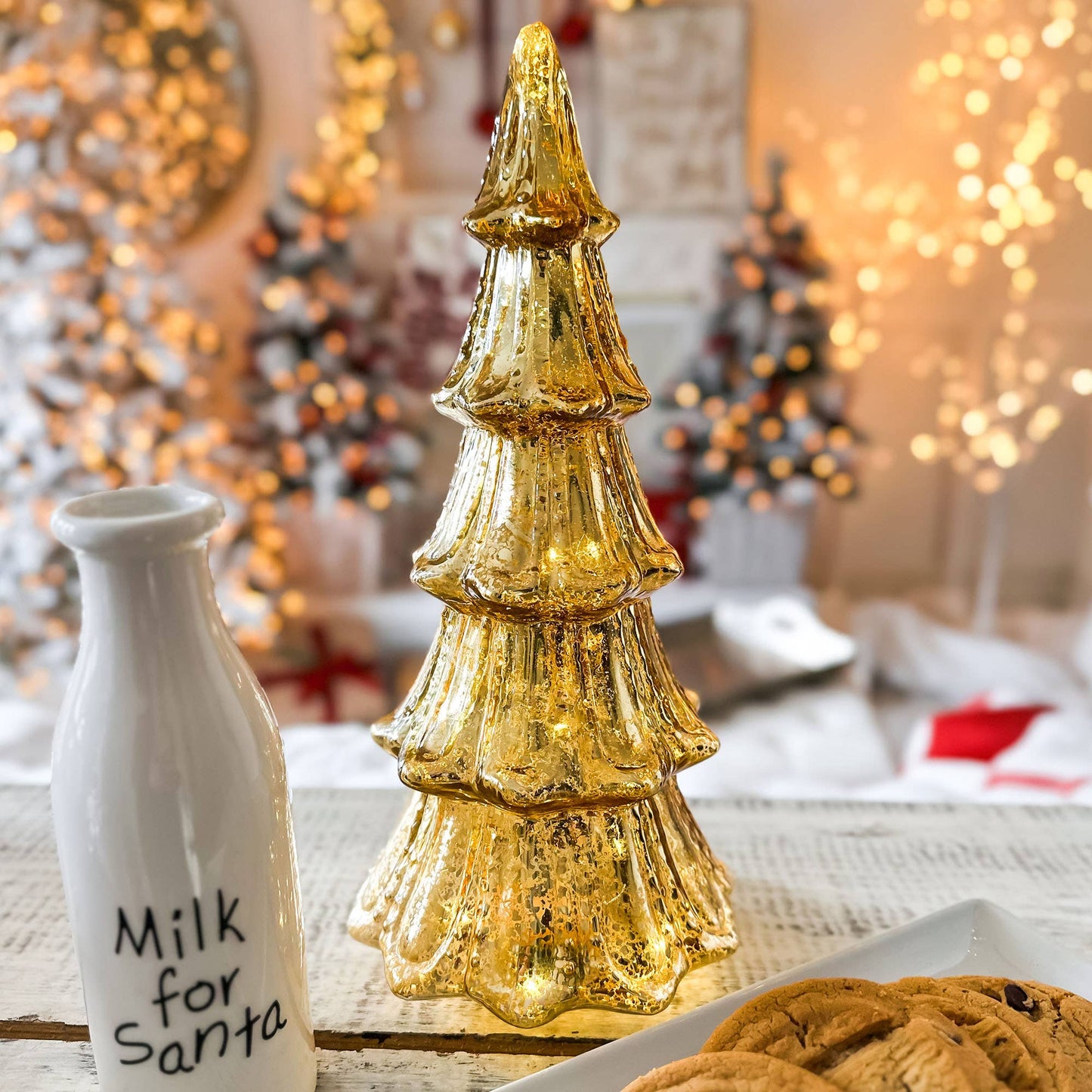 Gold 14 Inch Lighted Mercury Glass Christmas Tree