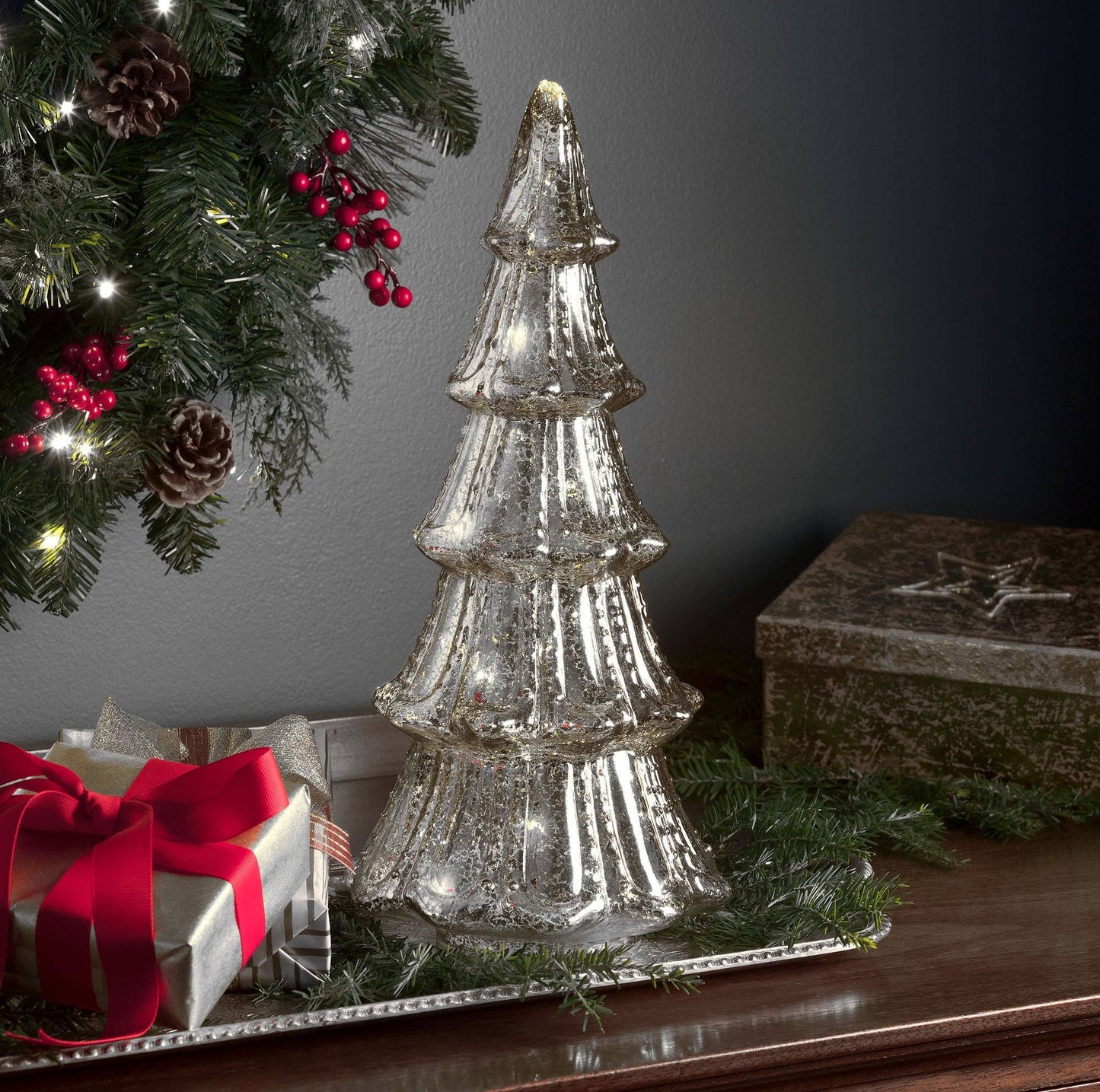 Silver 14 Inch Lighted Mercury Glass Christmas Tree