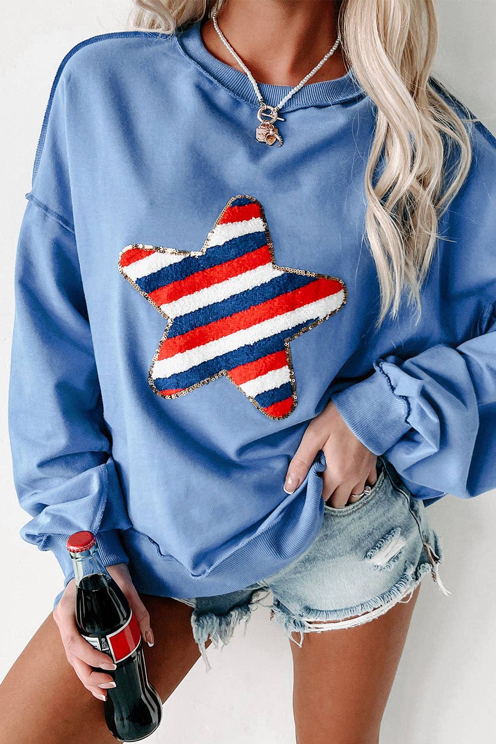 Star Sequin Embroidered Sweatshirt: Sky Blue