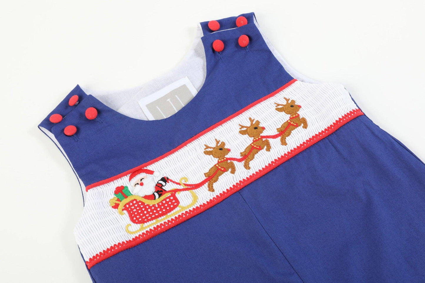 Royal Blue Santa and Sleigh Smocked Overalls: 12-18M
