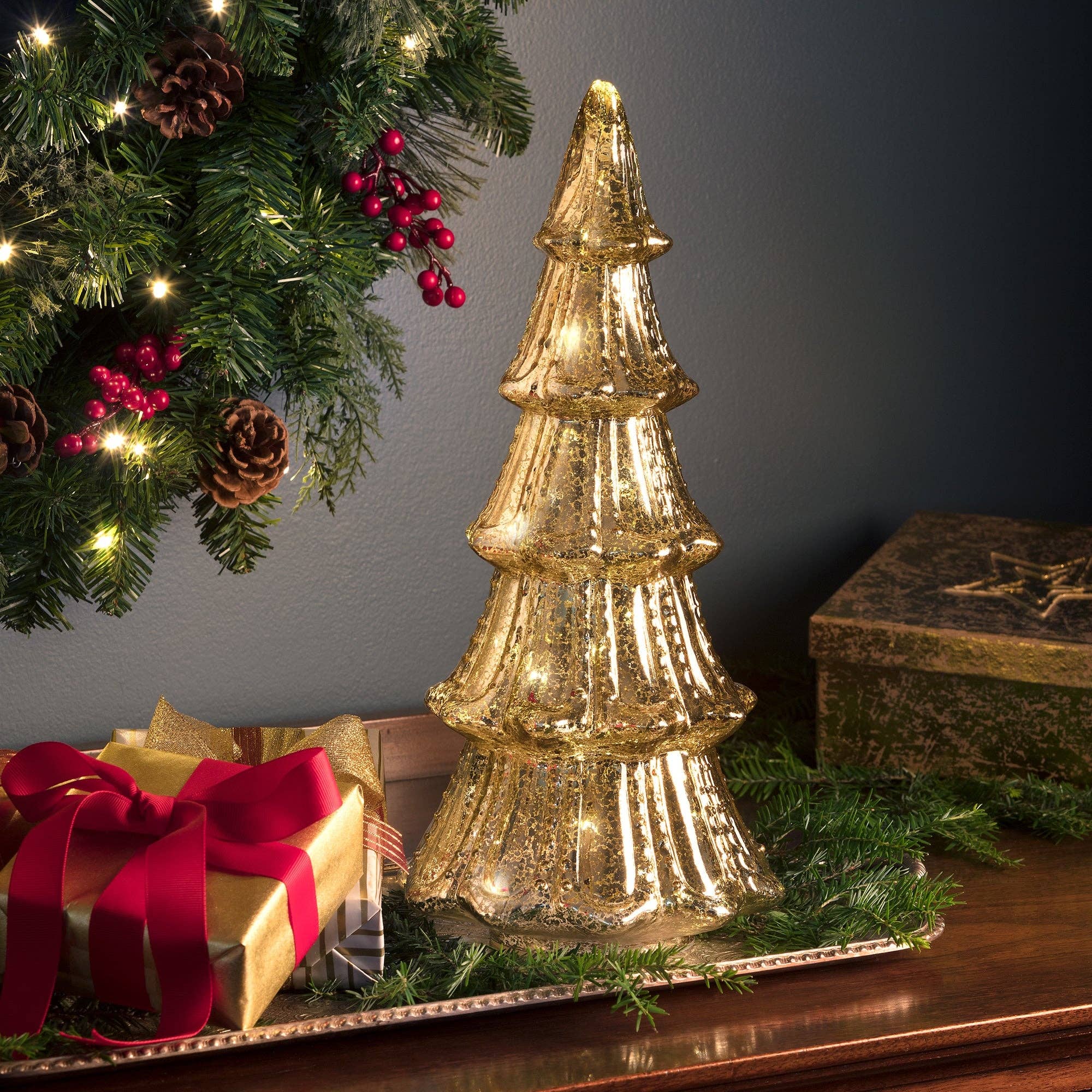 Gold 14 Inch Lighted Mercury Glass Christmas Tree