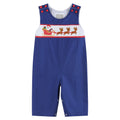Royal Blue Santa and Sleigh Smocked Overalls: 12-18M