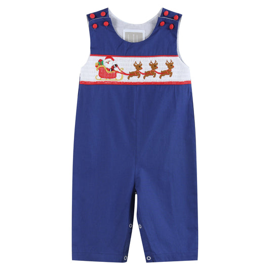 Royal Blue Santa and Sleigh Smocked Overalls: 12-18M