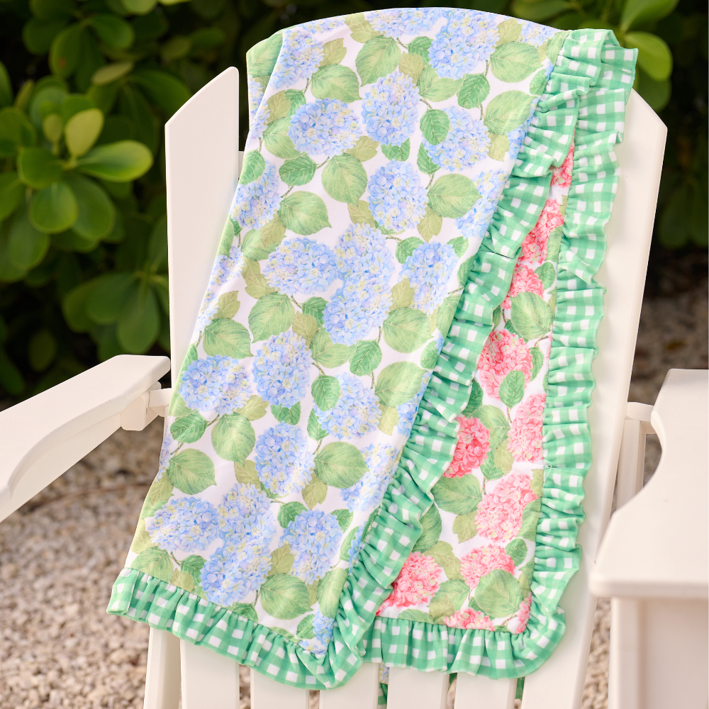 Kids Swim Towel - Reversible Red/Blue Hydrangea