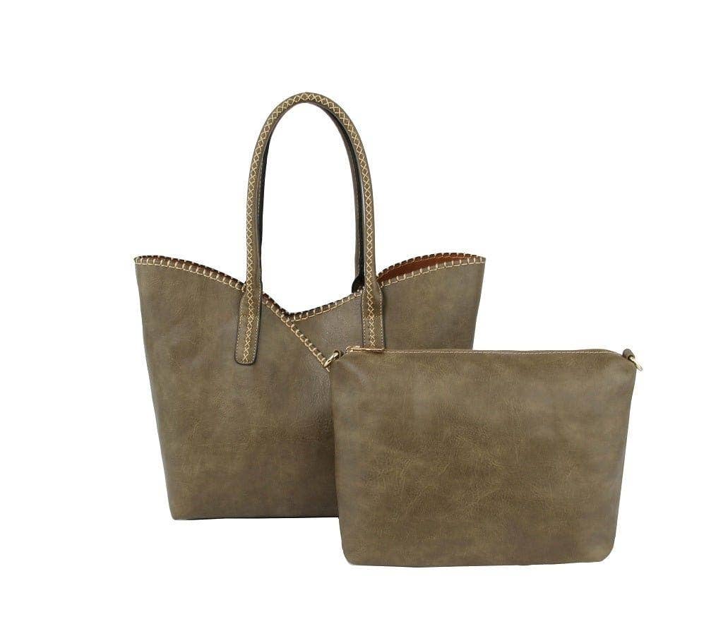 COL001-2 2-in-1 Stitch Trim Detail Shoulder/Tote Set Bag: Brown