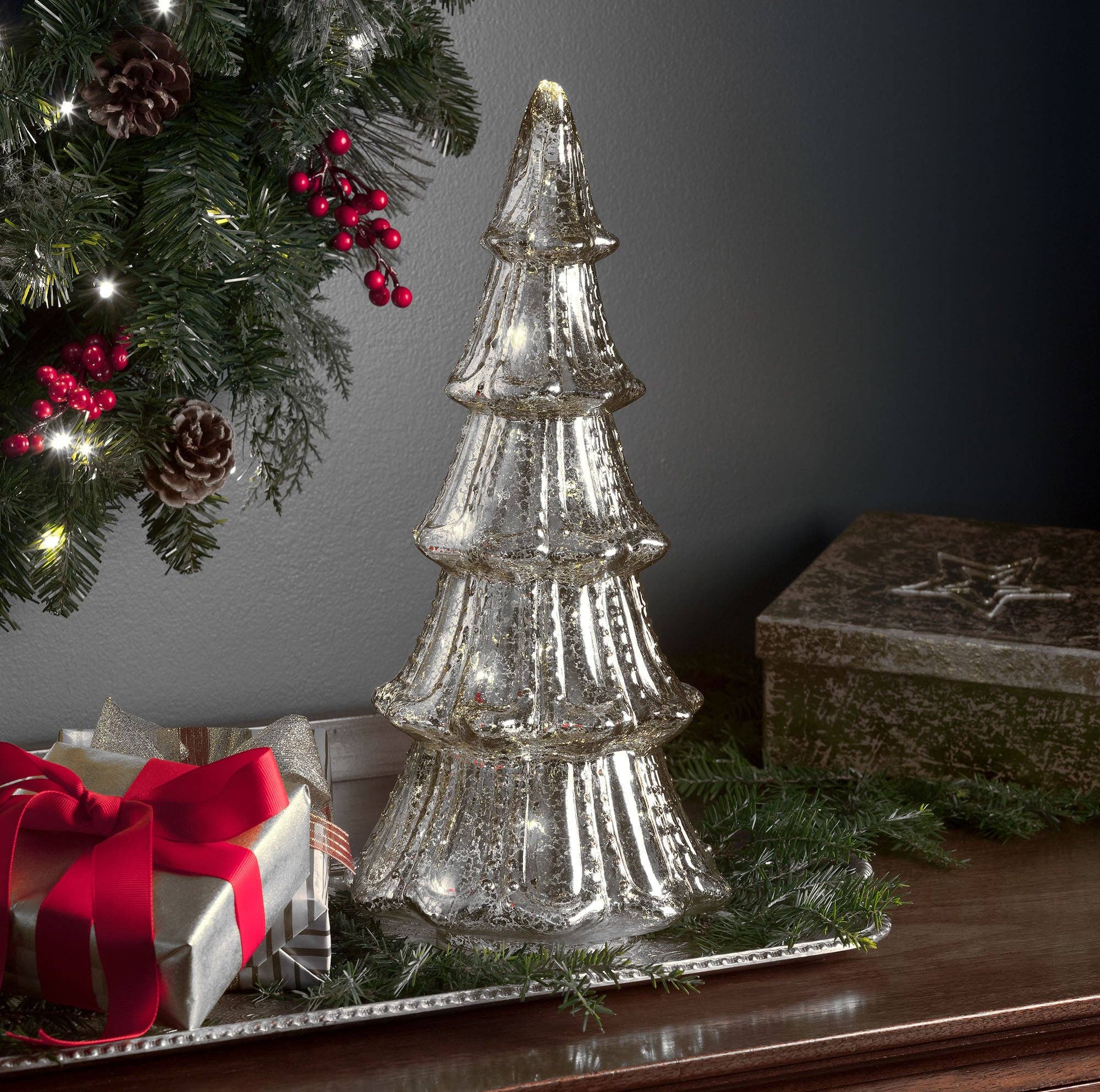 Gold 14 Inch Lighted Mercury Glass Christmas Tree