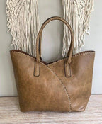 COL001-2 2-in-1 Stitch Trim Detail Shoulder/Tote Set Bag: Brown