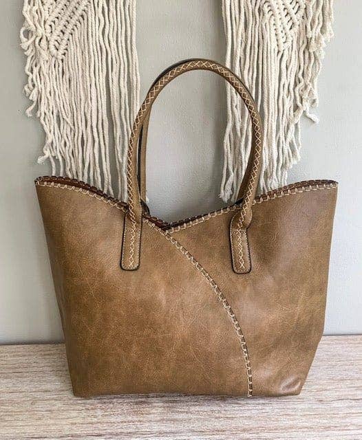 COL001-2 2-in-1 Stitch Trim Detail Shoulder/Tote Set Bag: Brown