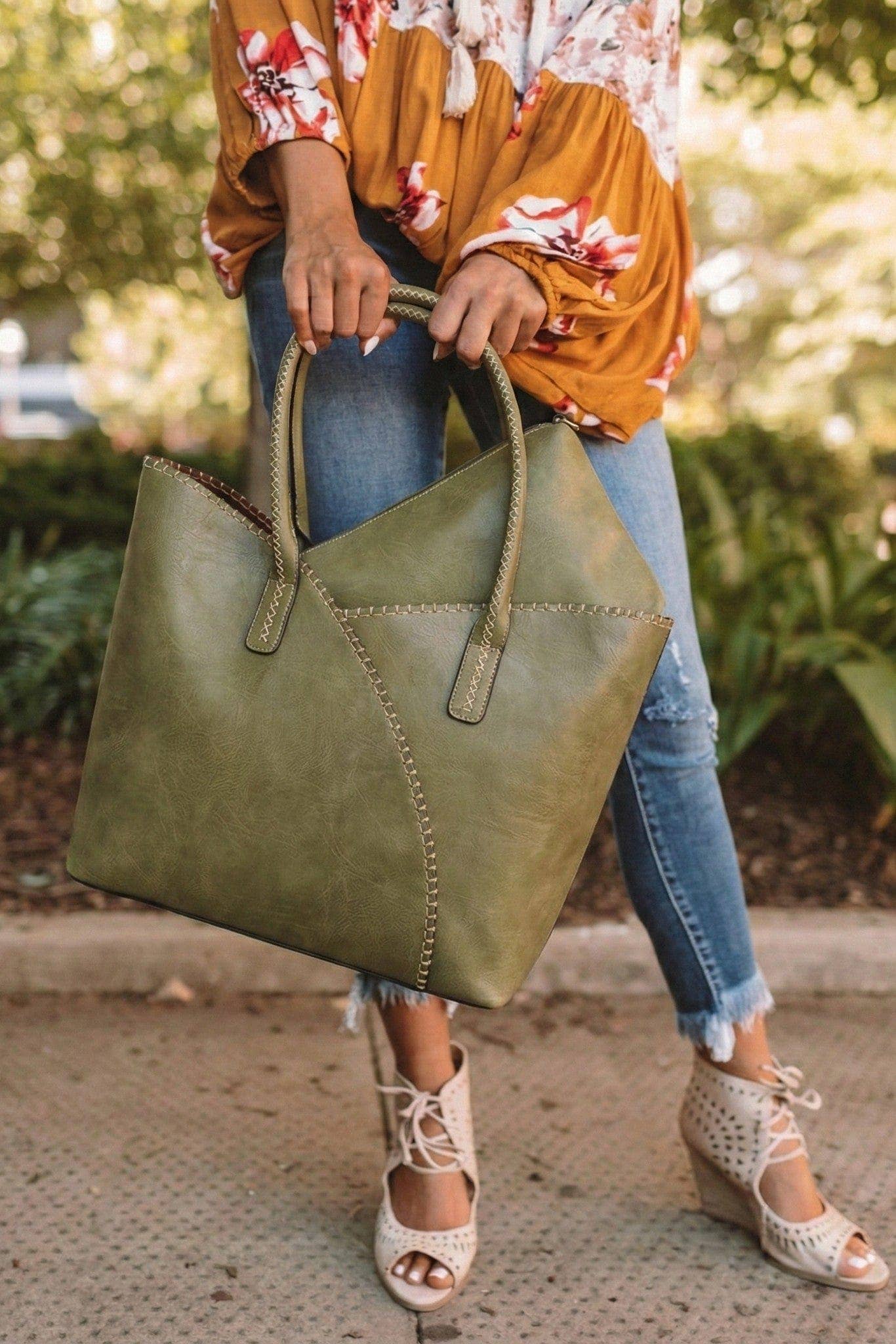 COL001-2 2-in-1 Stitch Trim Detail Shoulder/Tote Set Bag: Brown