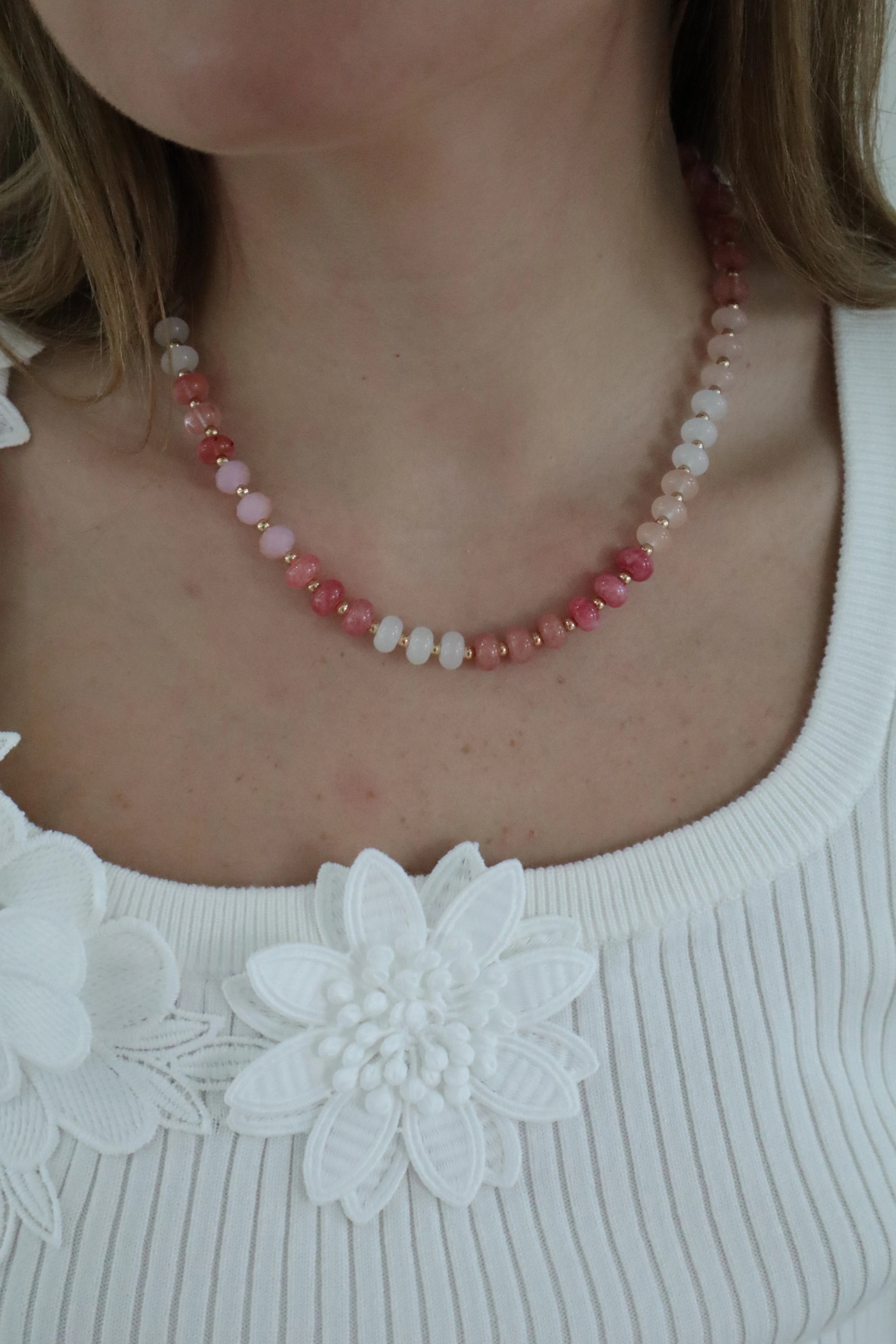 Pink Crystal Beaded Necklace 17"