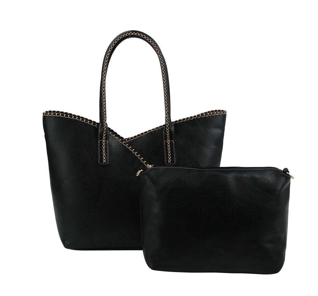 COL001-2 2-in-1 Stitch Trim Detail Shoulder/Tote Set Bag: Brown