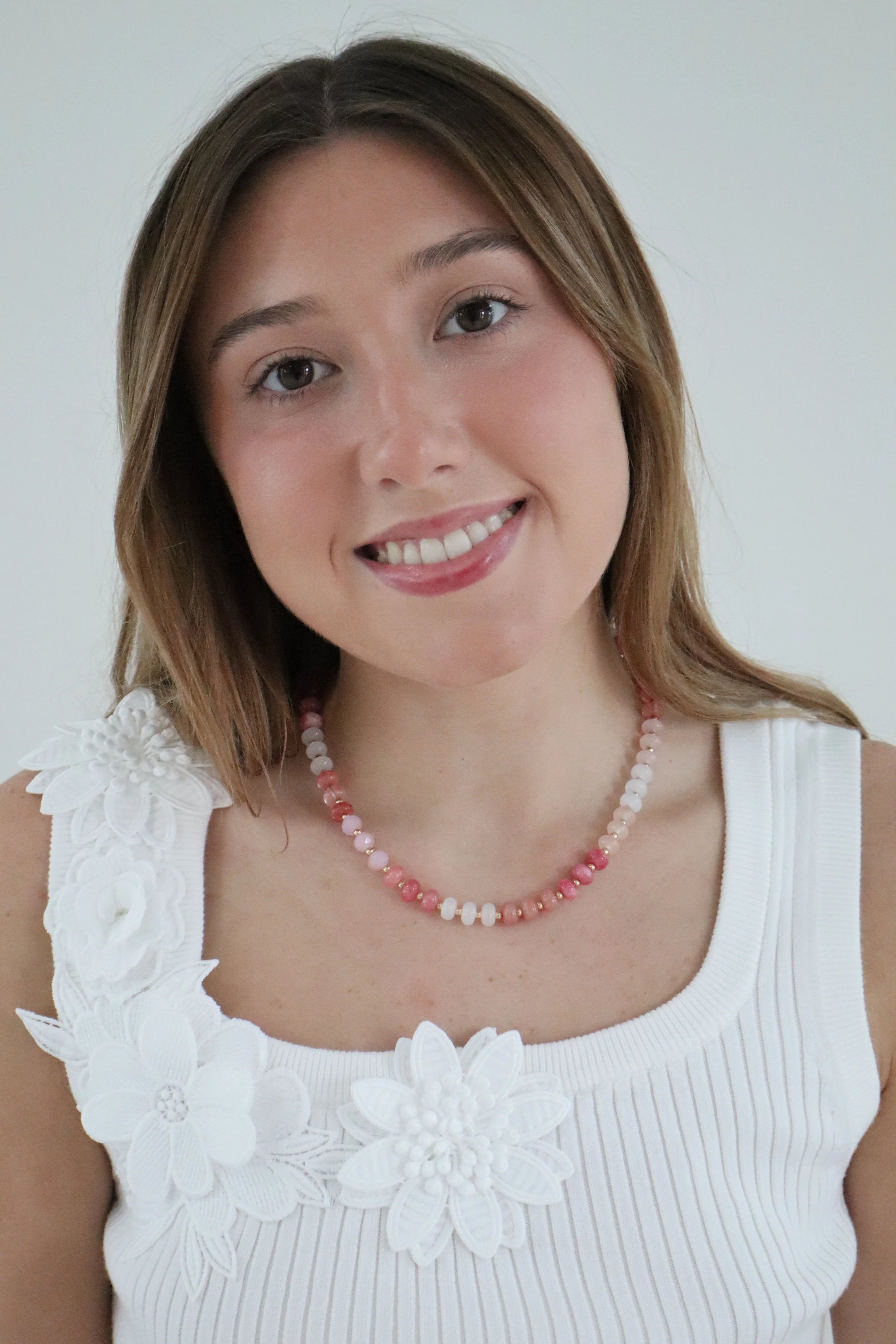 Pink Crystal Beaded Necklace 17"