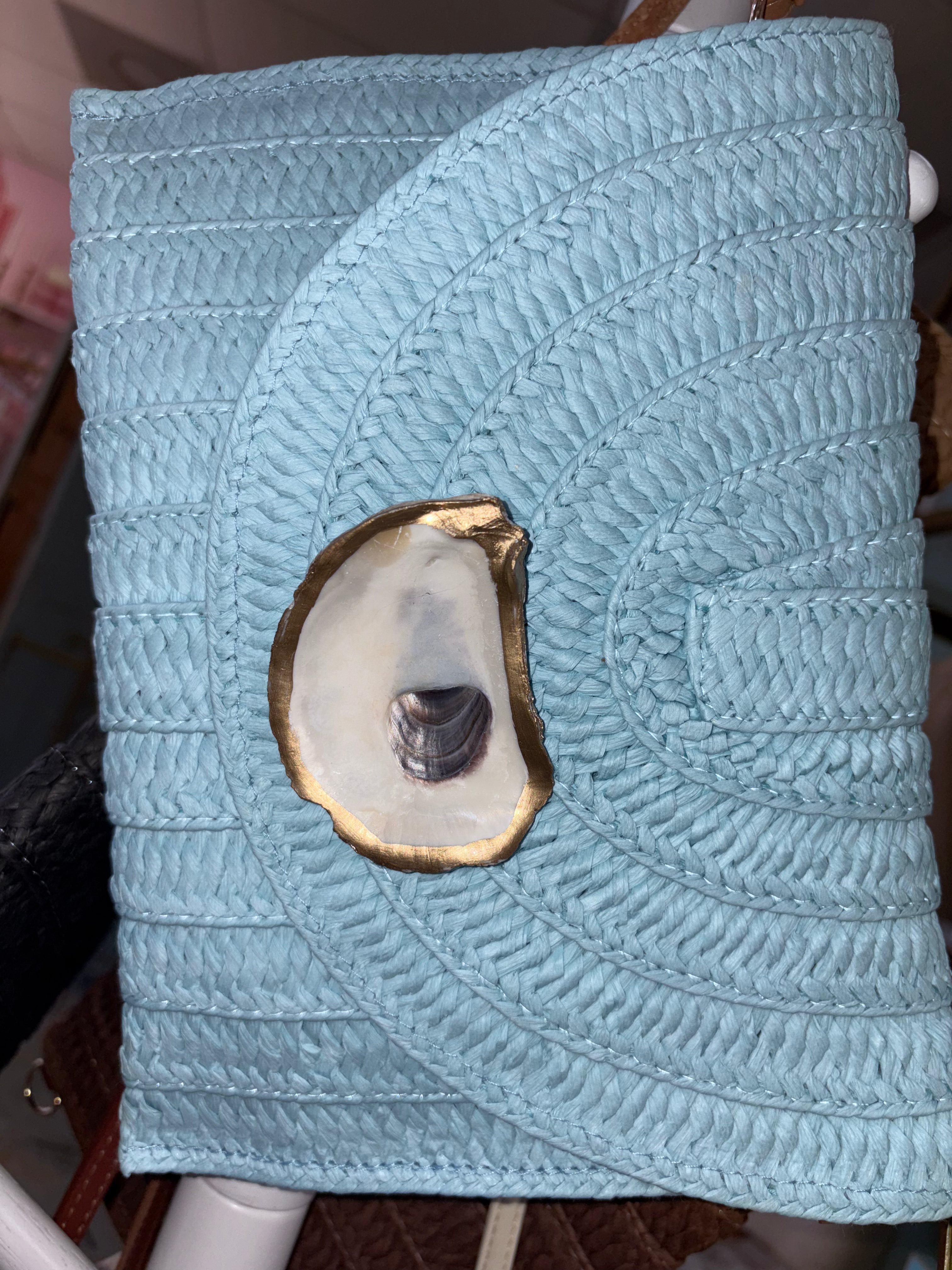 Blue Oyster Straw Clutch/Crossbody