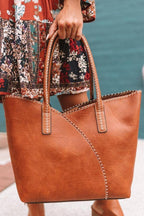 COL001-2 2-in-1 Stitch Trim Detail Shoulder/Tote Set Bag: Brown