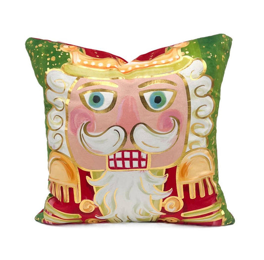 Gold Foil Mr. Nutcracker Red & Green Pillow