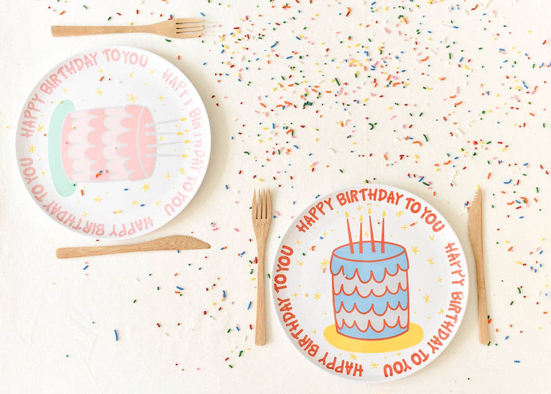 Blue Happy Birthday Cake Melamine Dinner Plate