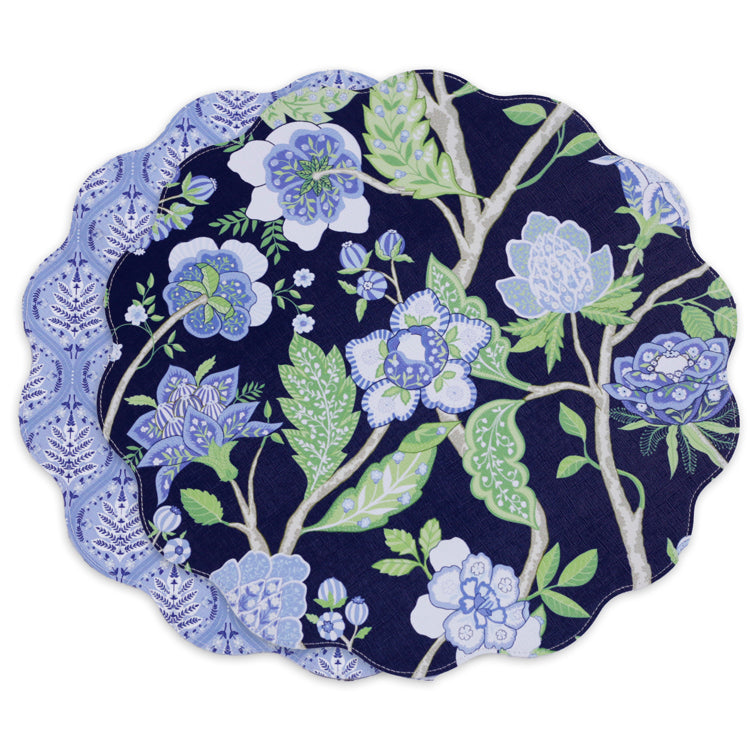 VIDA Blooms & Branches Reversible Round Placemats Set of 4 (Navy & Green)