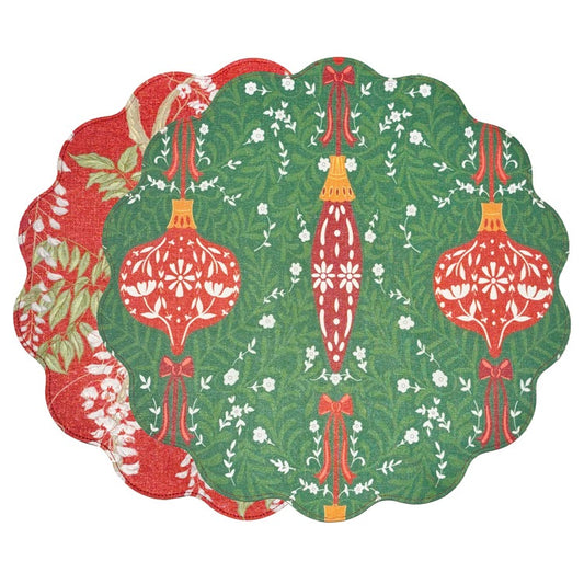 VIDA Holiday Wisteria and Ornaments Reversible Round Placemats Set of 4 (Red & Green)