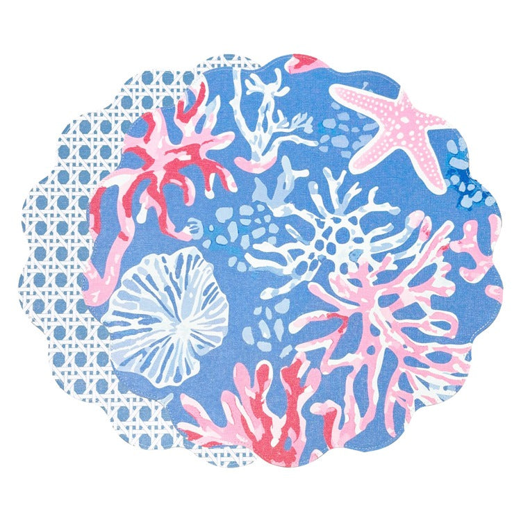 VIDA Sealife and Rattan Reversible Round Placemats Set of 4 (Blue & Pink)
