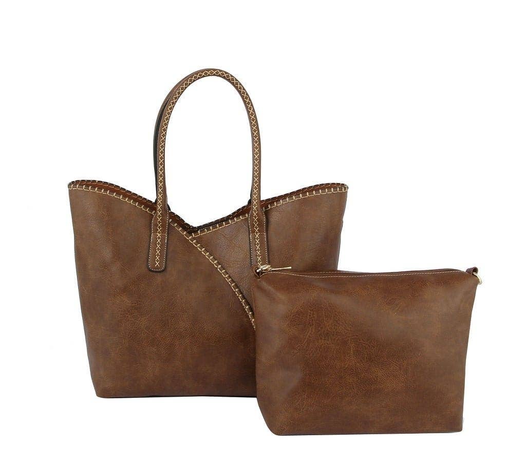 COL001-2 2-in-1 Stitch Trim Detail Shoulder/Tote Set Bag: Brown