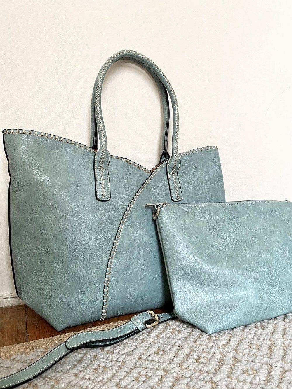 COL001-2 2-in-1 Stitch Trim Detail Shoulder/Tote Set Bag: Brown
