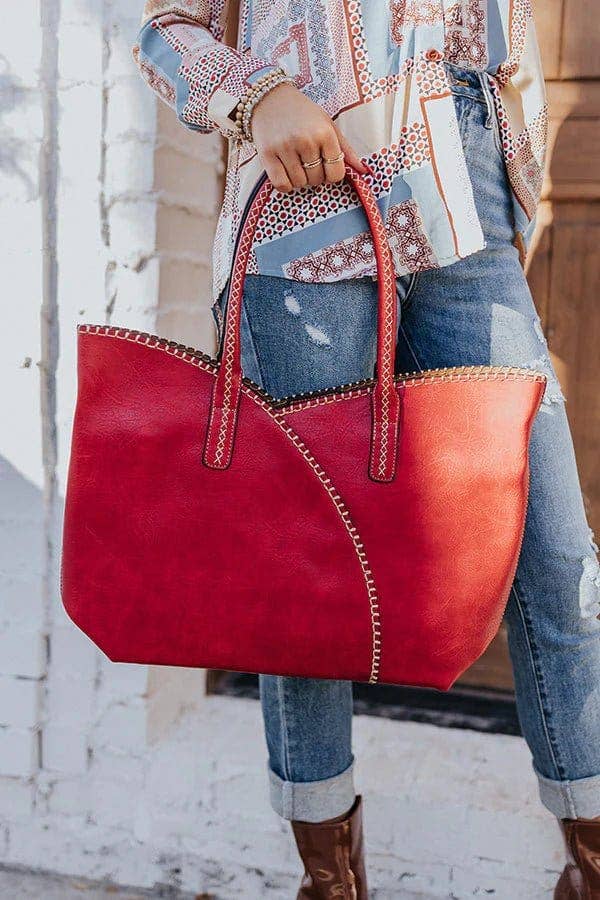 COL001-2 2-in-1 Stitch Trim Detail Shoulder/Tote Set Bag: Brown