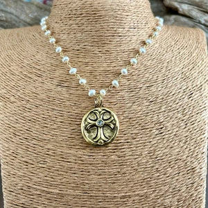 Gold Pearl Maltese Cross Necklace