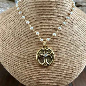 Gold Pearl Maltese Cross Necklace
